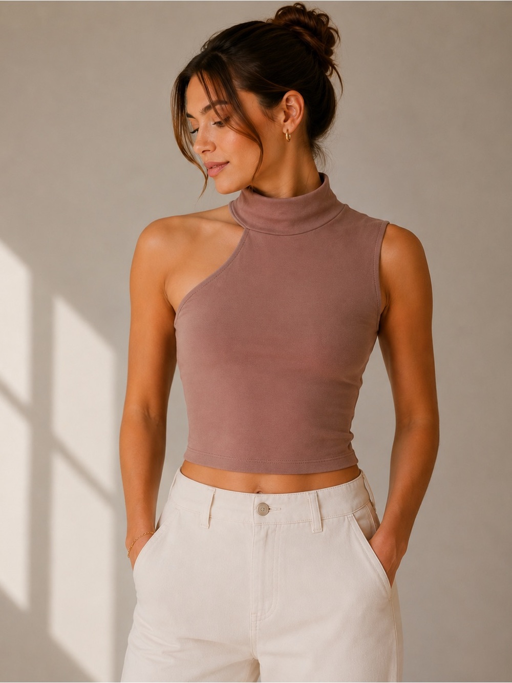 OAK + FORT Asymmetrical One Shoulder Mock Neck Crop Top Taupe XS